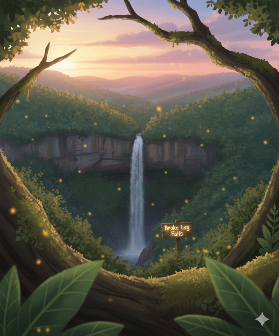 View from the tree-top with Broke Leg Falls visible